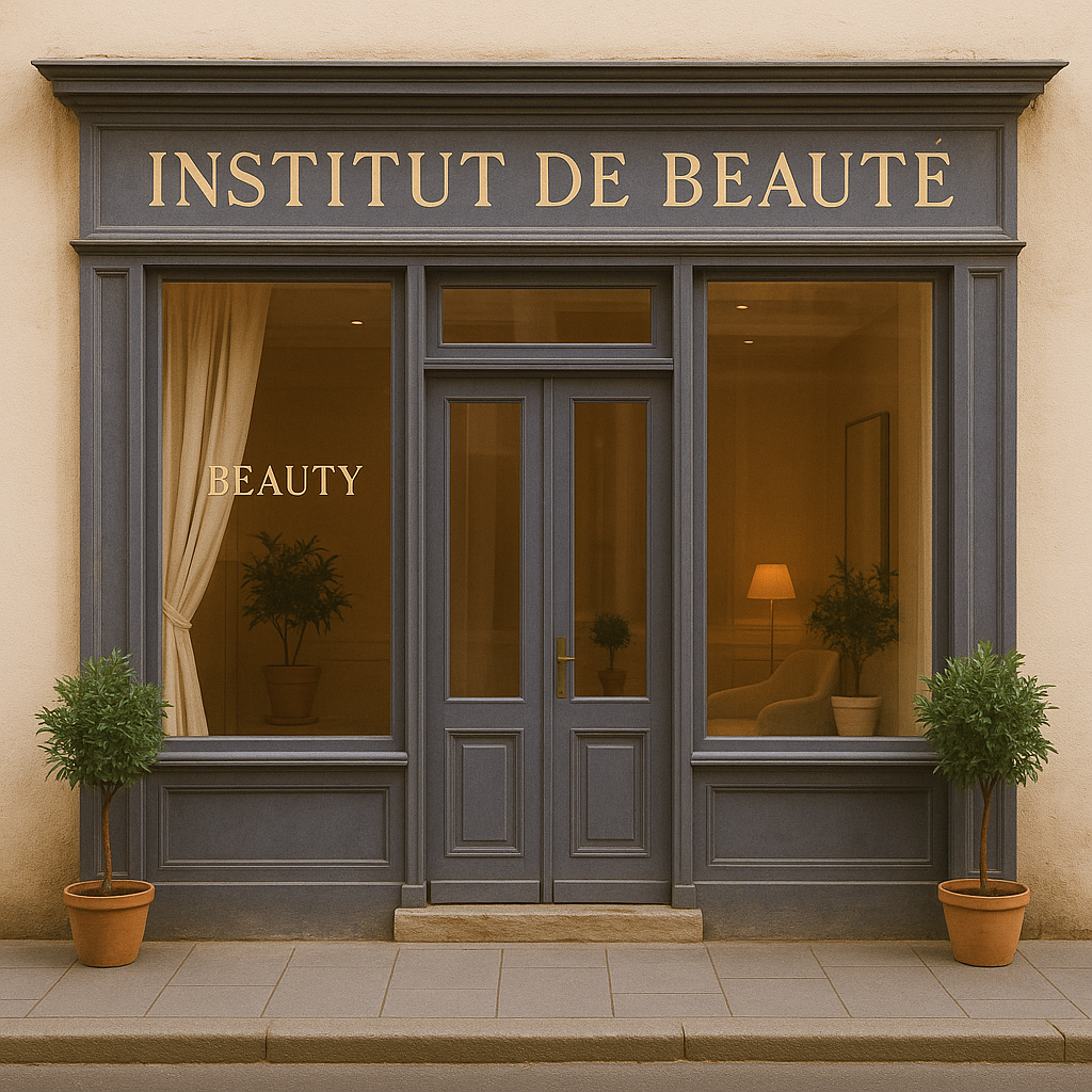 Devanture d'un institut de beauté moderne de couleur grise et écriture dorée